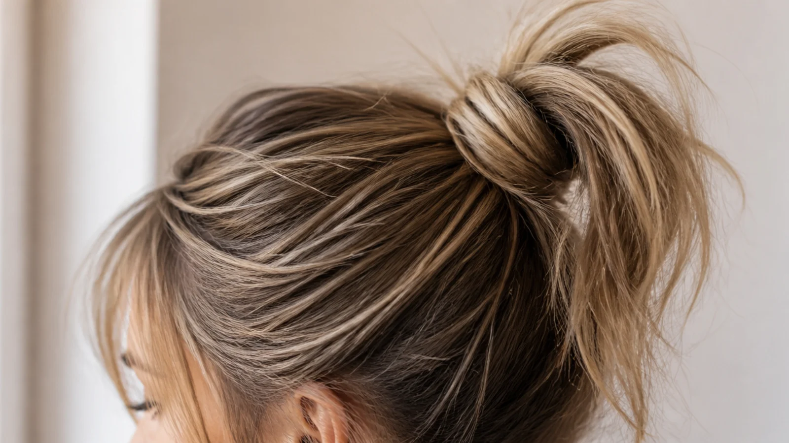Micro fringe above the brows with a very high messy ballet ponytail and loose ends