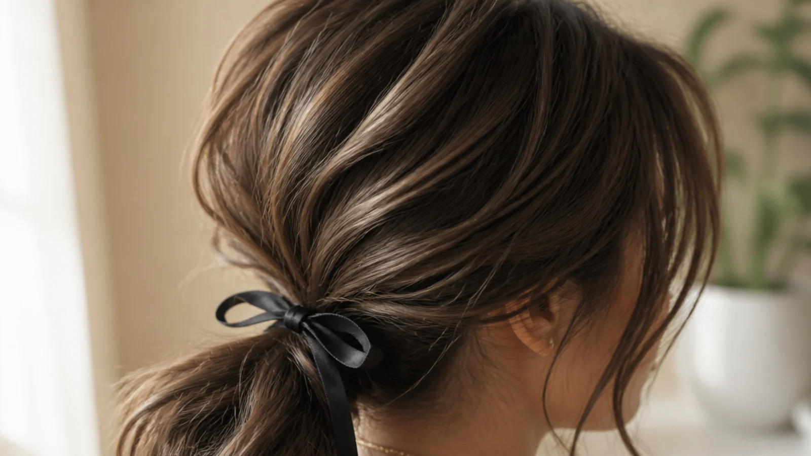 Curtain bangs with a black satin ribbon bow tied over the elastic of a low messy ponytail