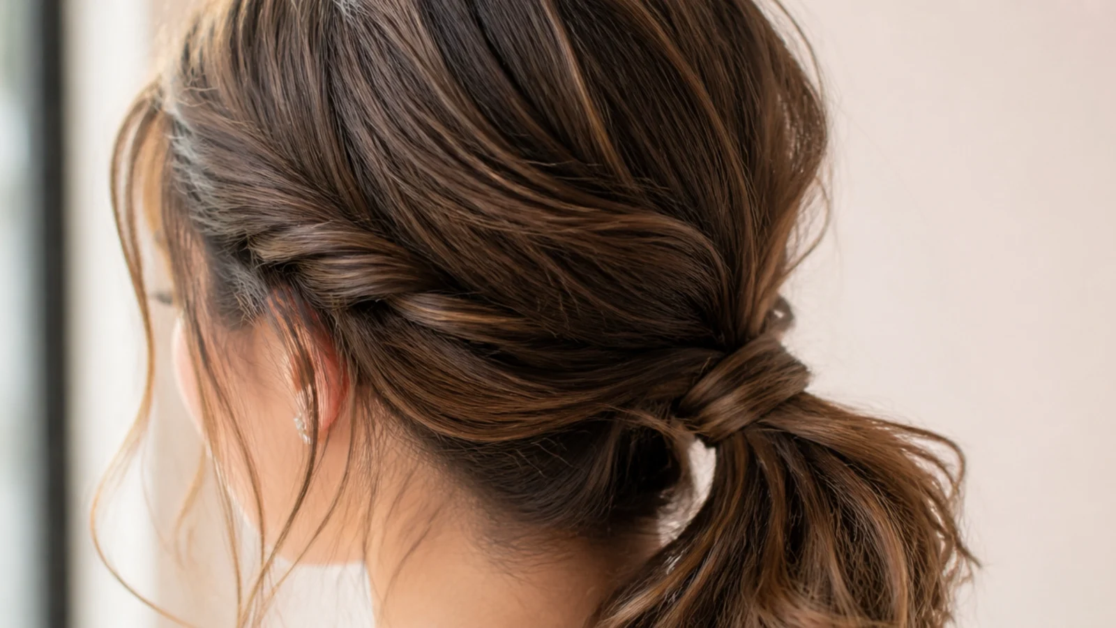 Grown-out side bangs twisted back along the hairline into a low twisted messy ponytail