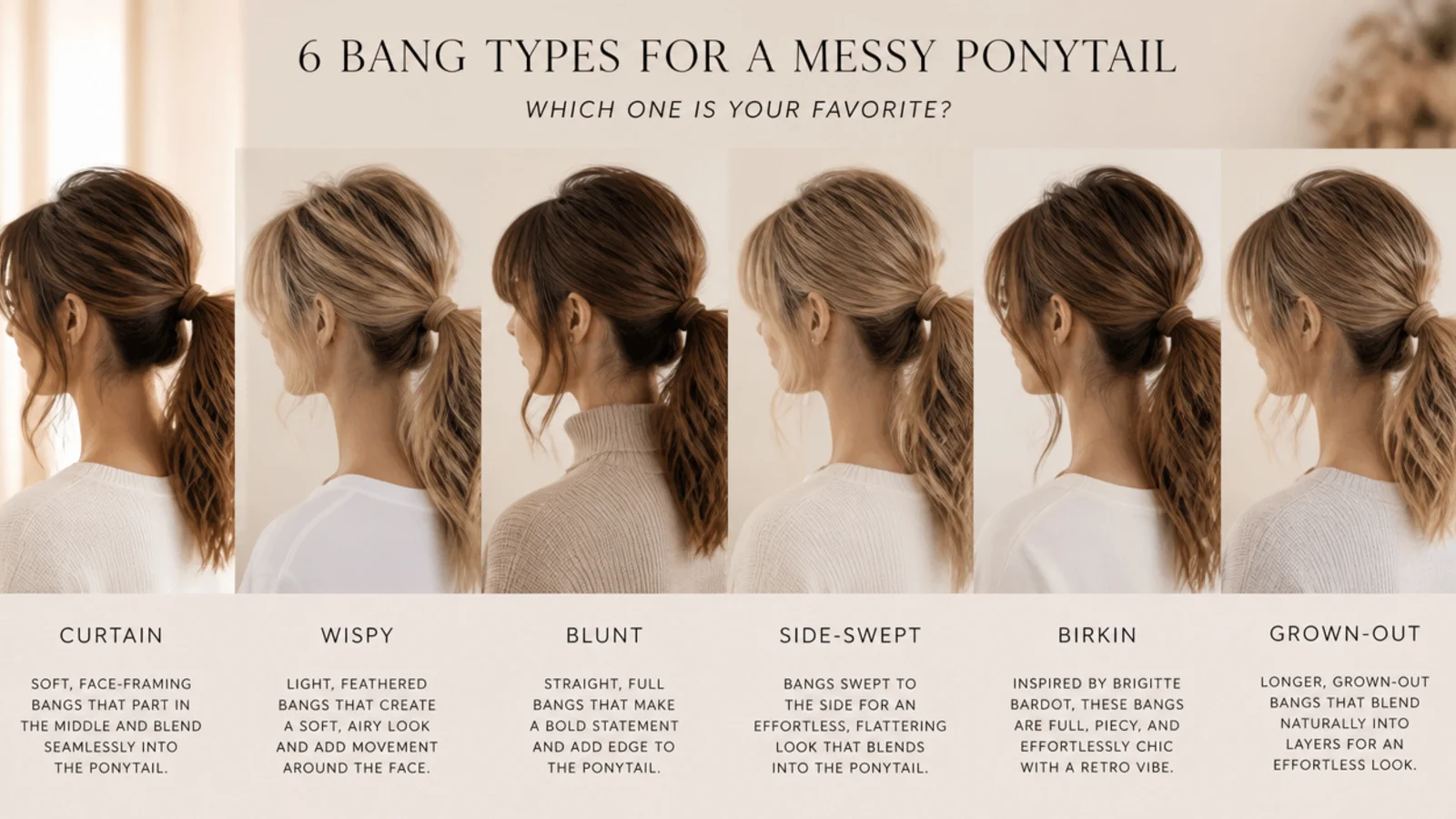 Six bang types compared for a messy ponytail: curtain, wispy, blunt, side-swept, birkin and grown-out
