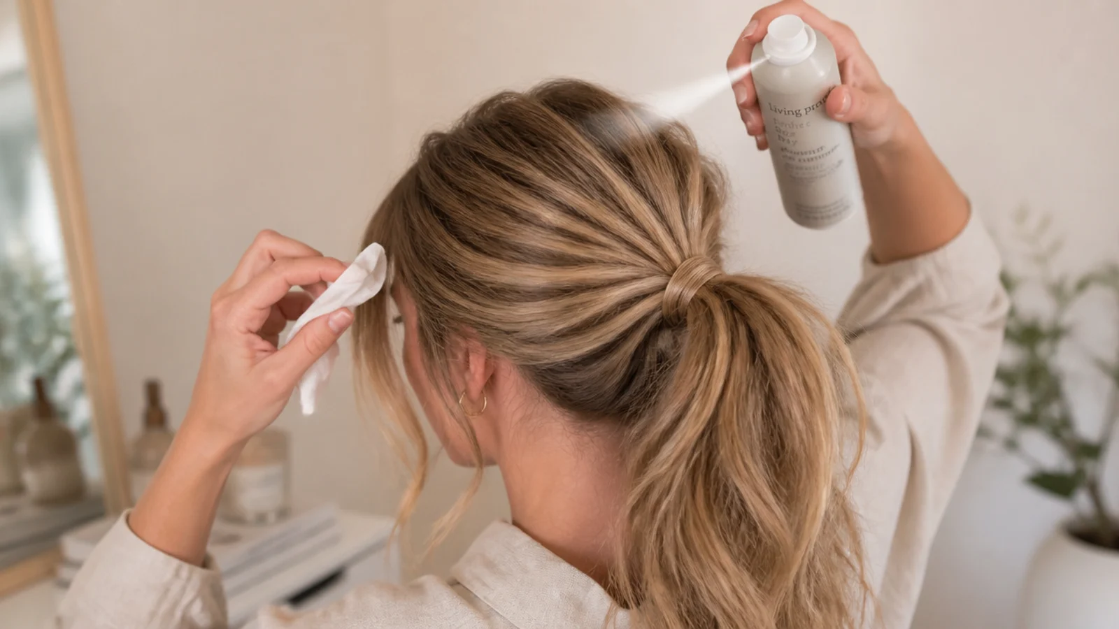 Blotting a fringe with tissue and applying dry shampoo at the roots above a messy ponytail