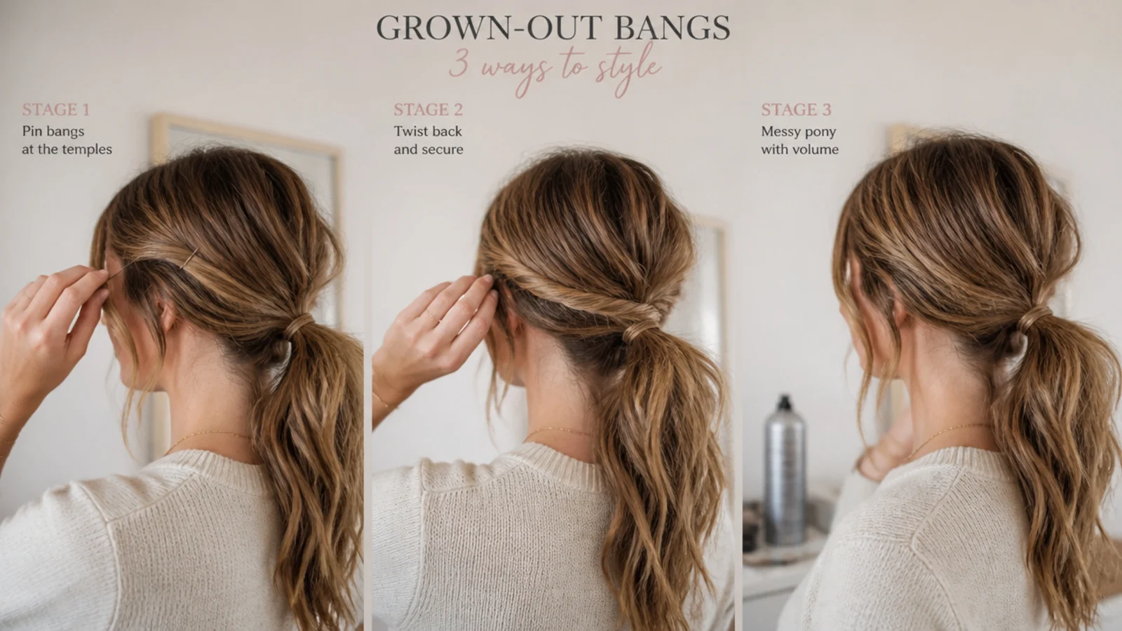Grown-out bangs at three stages pinned and twisted back into a messy ponytail