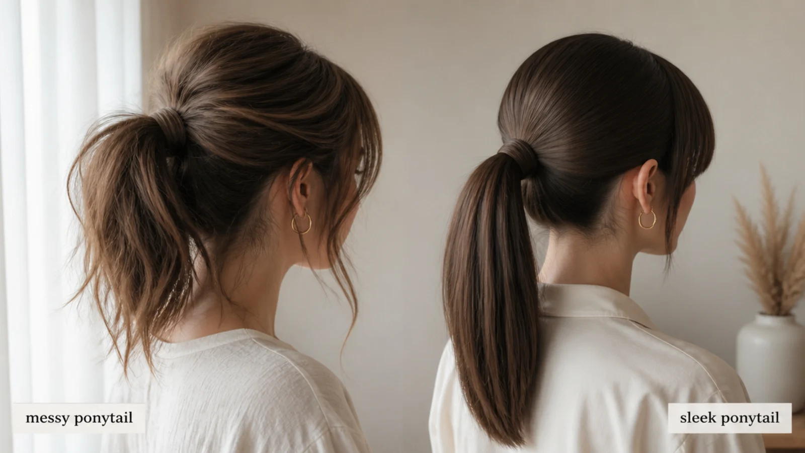 Messy ponytail with curtain bangs beside a sleek ponytail with blunt bangs compared