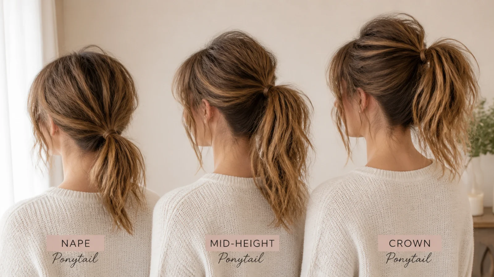 Three tie heights compared for a messy ponytail with bangs: nape, mid-height and crown