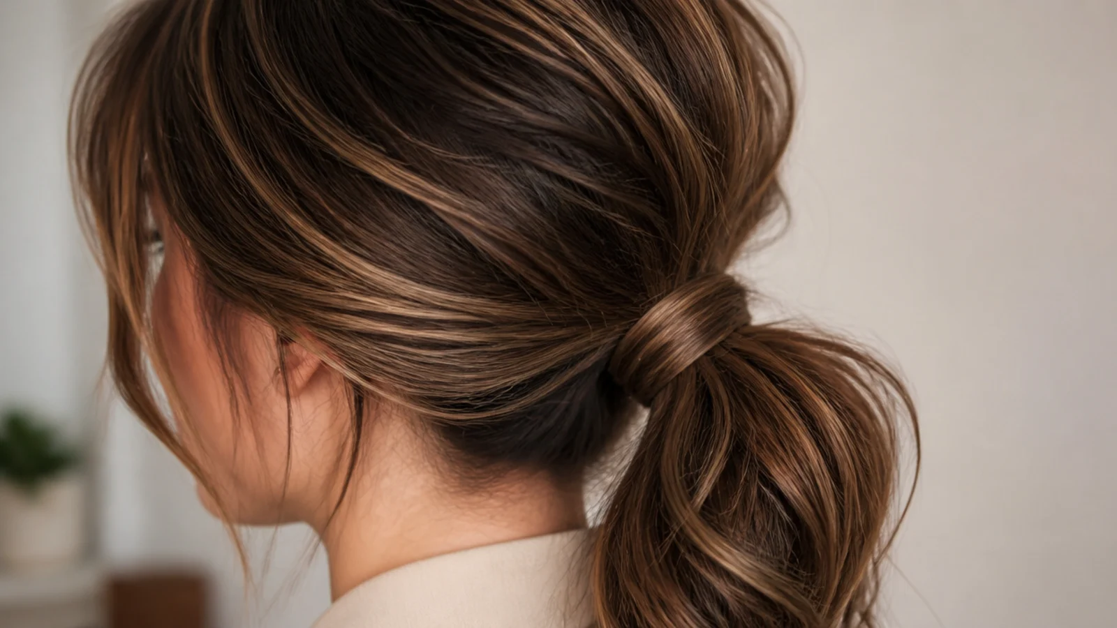 Low nape-tie messy ponytail worn to the office with a deep side part and soft jawline pieces