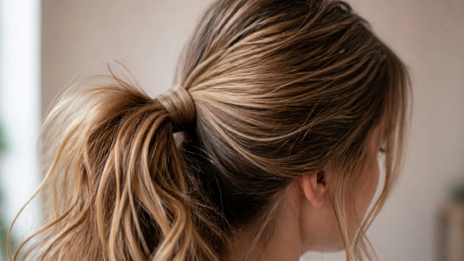 Quick five minute messy ponytail worn for a school run with a mid-height tie and wrapped elastic