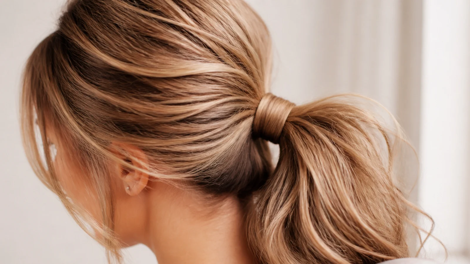 Messy ponytail worn with a strand wrapped around the elastic to hide the hair tie for video calls