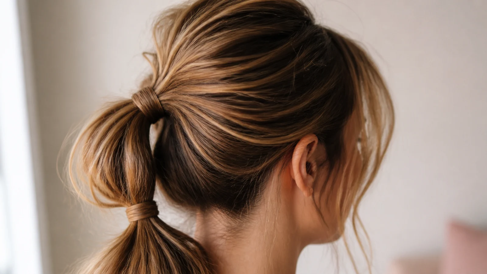 Two-elastic stacked messy ponytail worn on long hair to stop the base from sagging