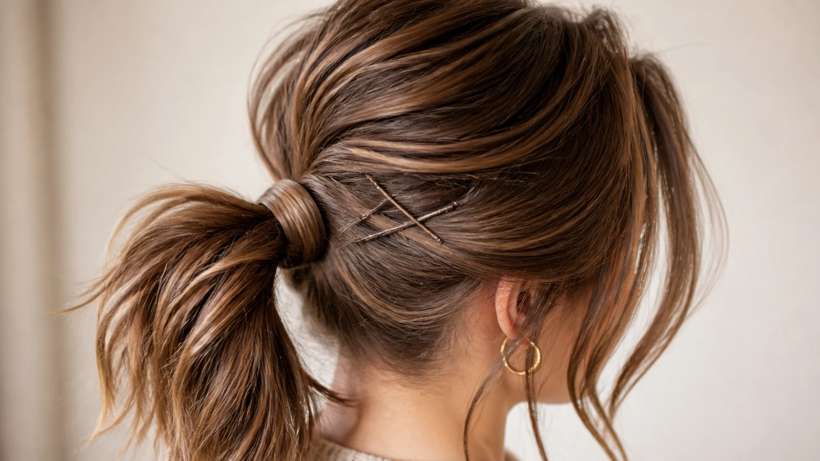 Bungee band messy ponytail worn on a grown-out bob with bobby pins crossed under the base