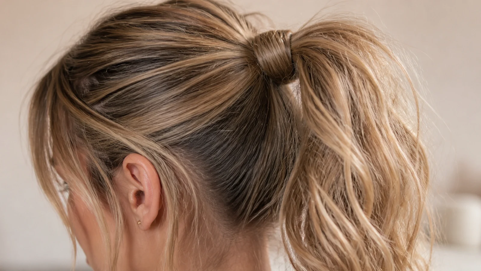 High crown messy ponytail worn from gym to desk with sweat-damp roots and a re-tugged crown