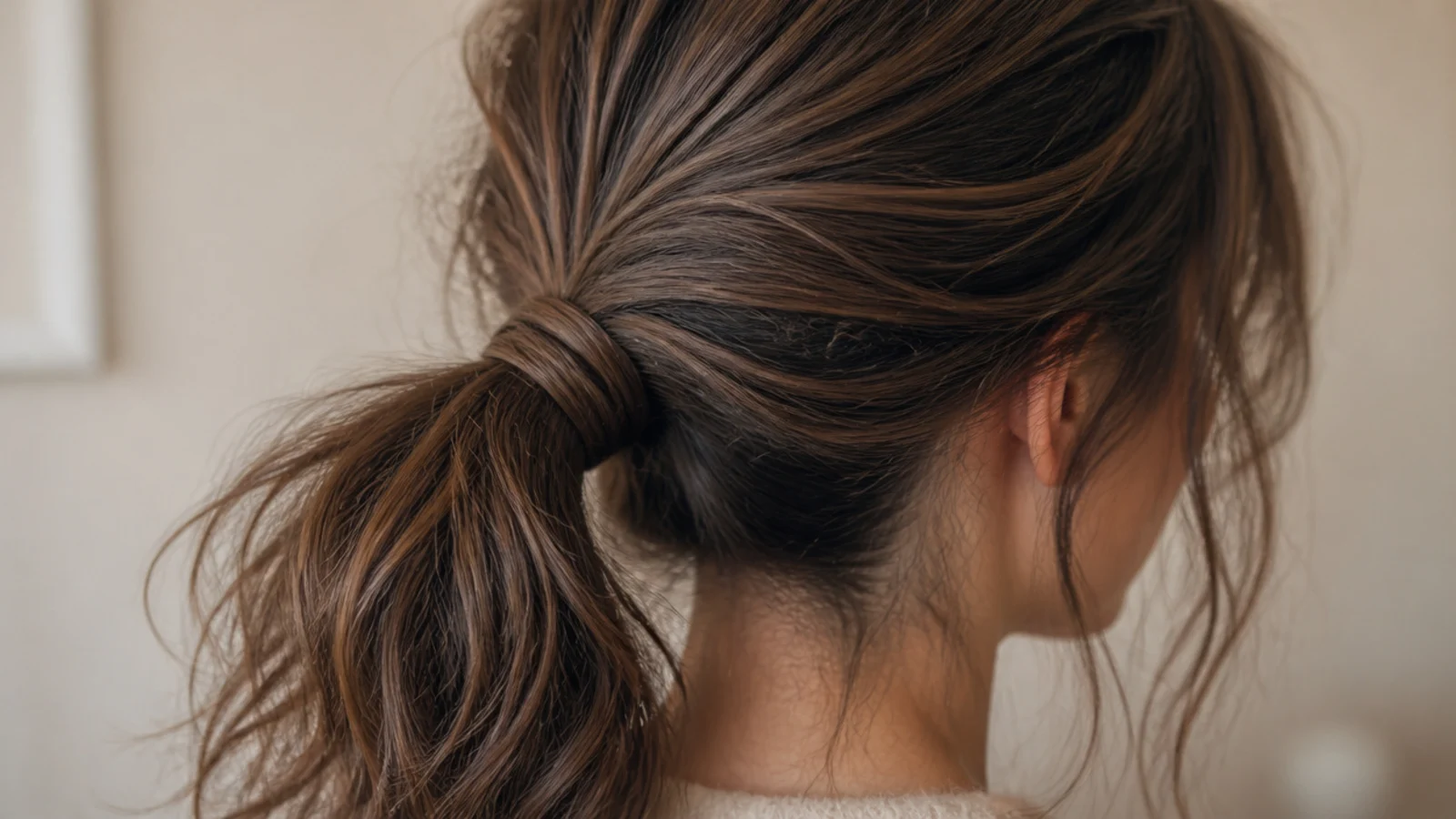 Messy ponytail worn on a humid rainy day with frizz read as texture around the crown