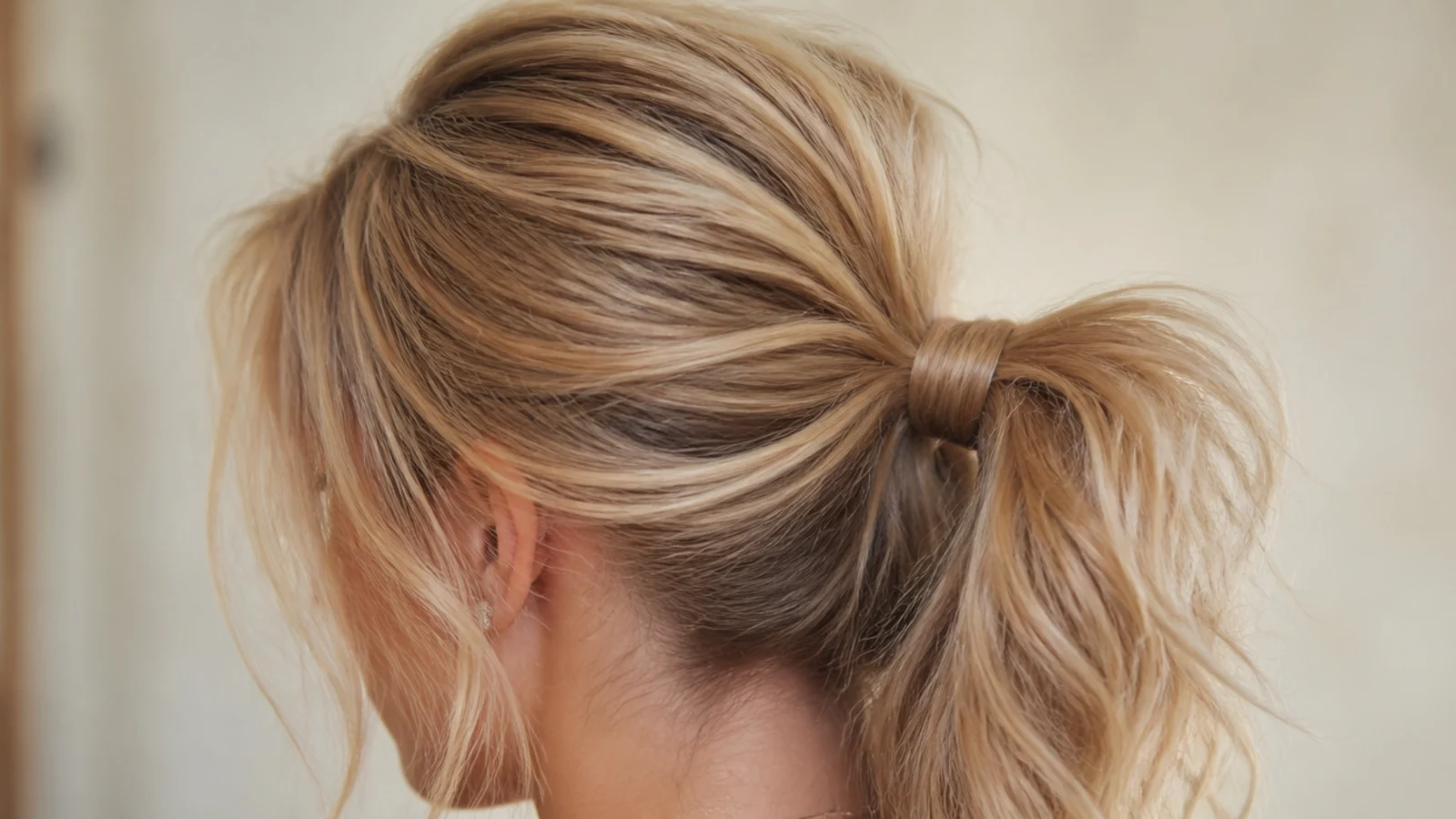 Backcombed messy ponytail worn on fine hair with a lifted crown and hidden teased under-layer