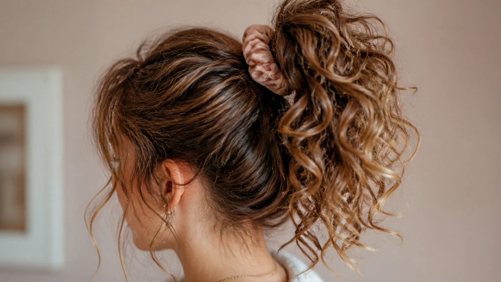 Pineapple style curly messy ponytail worn very high on day-three curls with a satin scrunchie