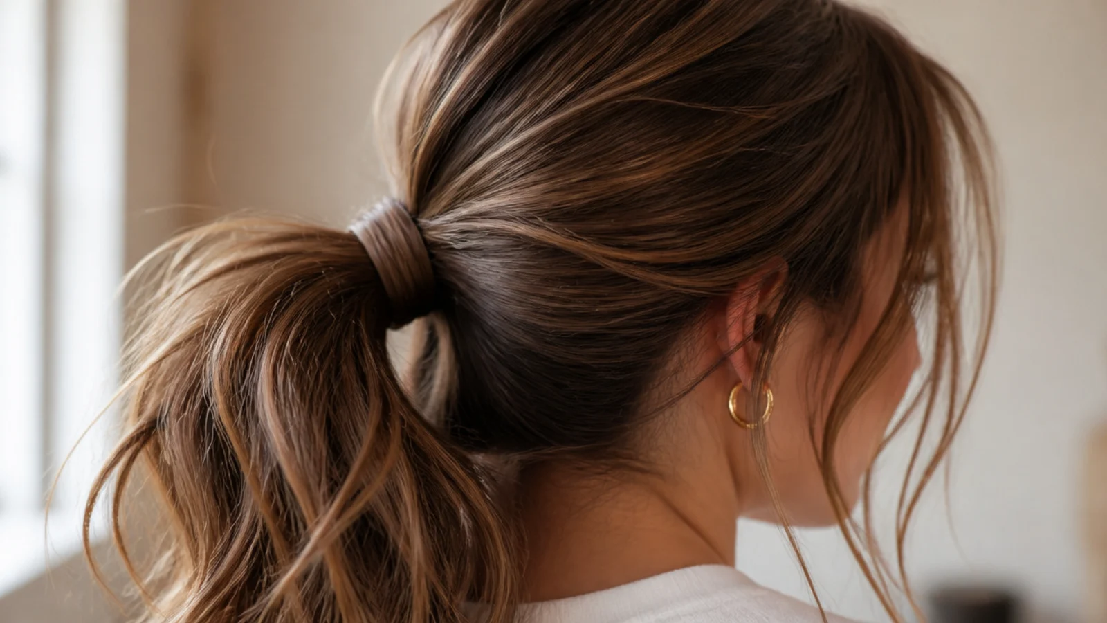 Deep side part messy ponytail worn for dinner with a smooth crown and textured tail