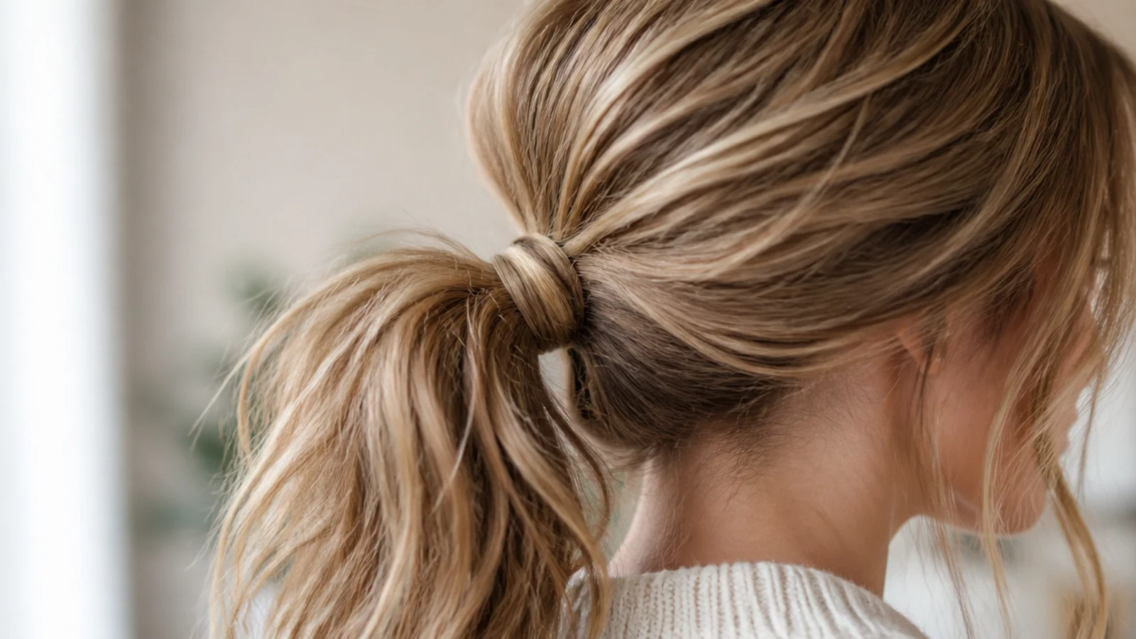 Oversized scrunchie messy ponytail worn for weekend errands with a soft mid-height tie