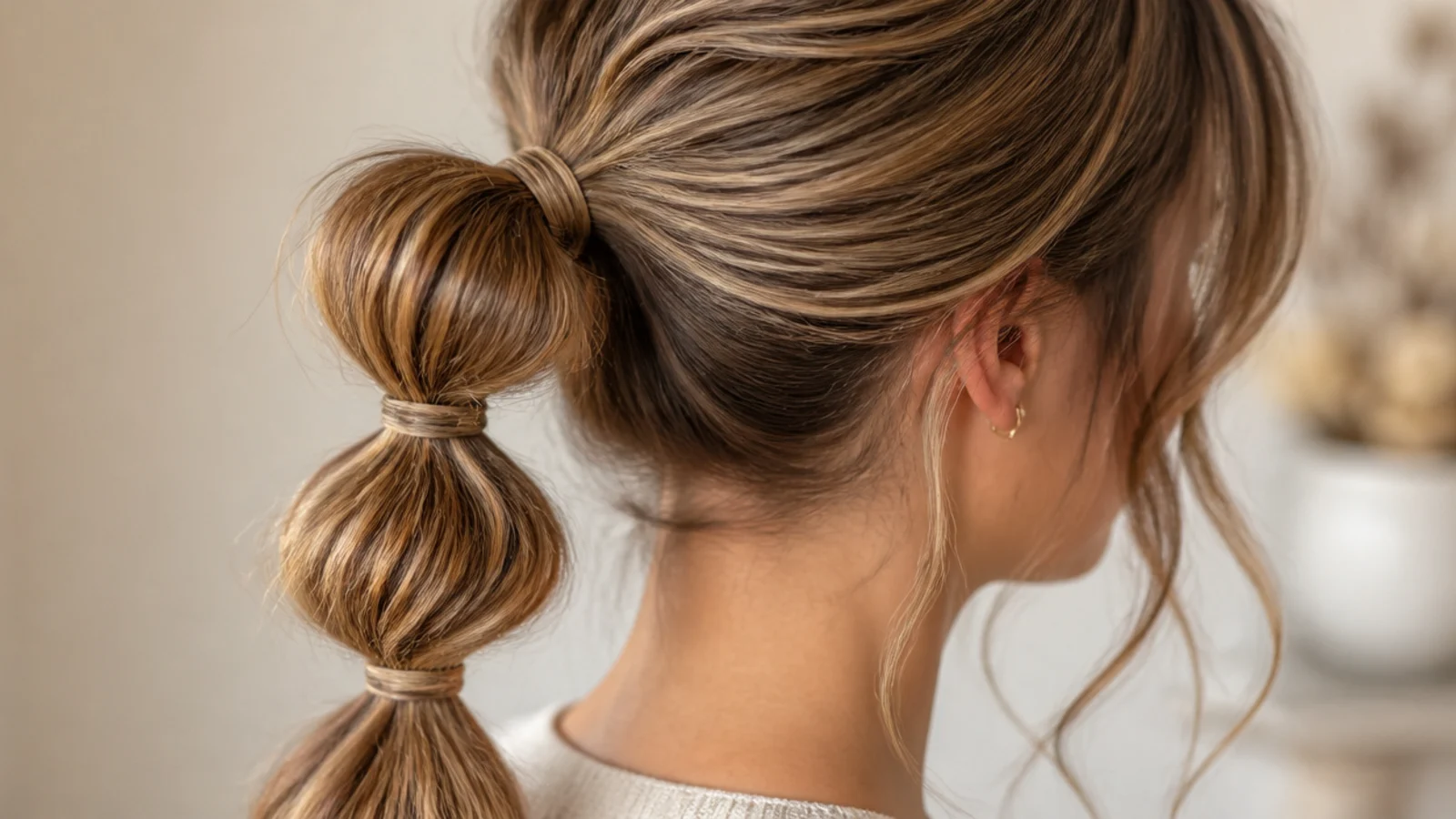 Bubble messy ponytail worn with four segments spaced along the tail and pinched wider