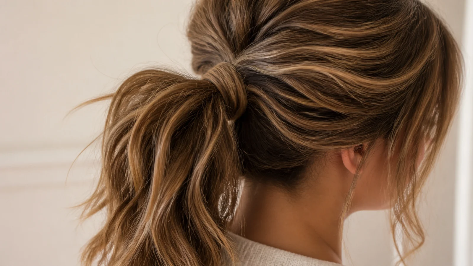 Messy ponytail worn over overnight braid waves with soft bends through the tail