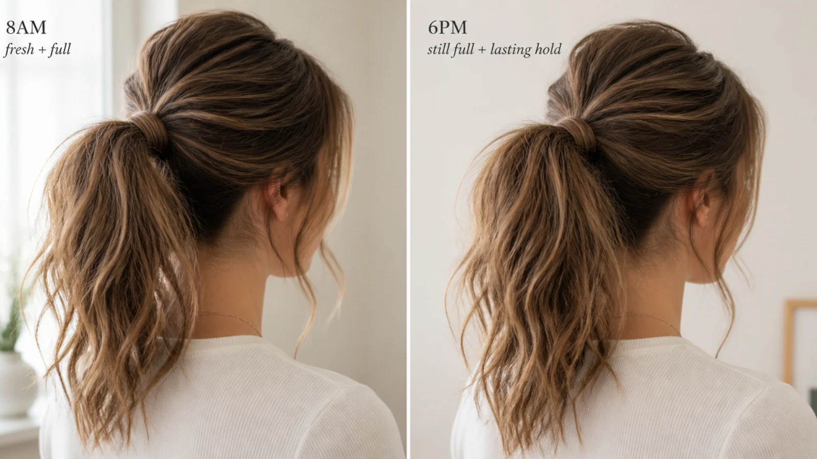 Messy ponytail worn at 8am compared with the same ponytail at 6pm showing real all-day hold
