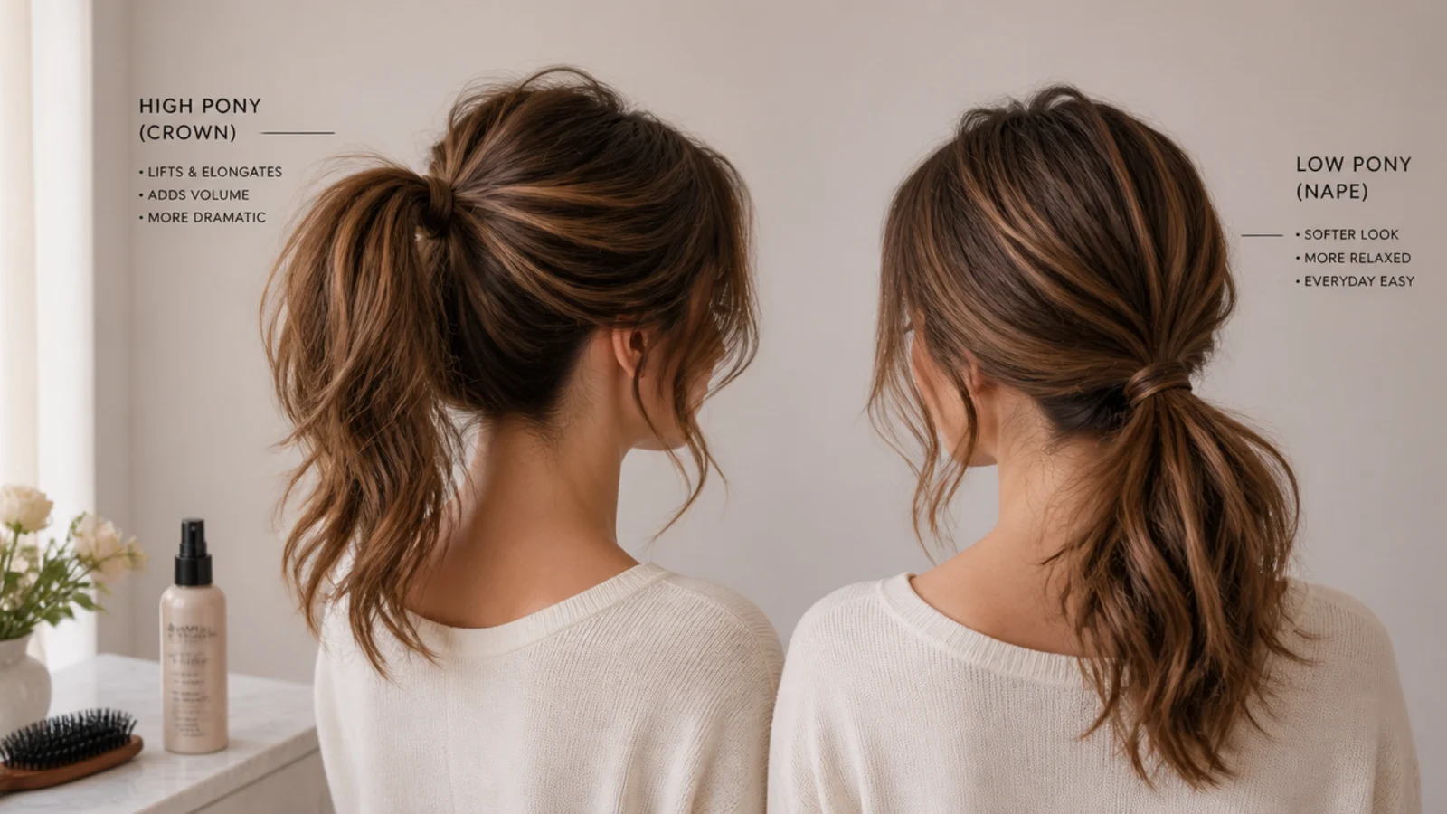Crown tie messy ponytail compared with a nape tie messy ponytail worn on the same head