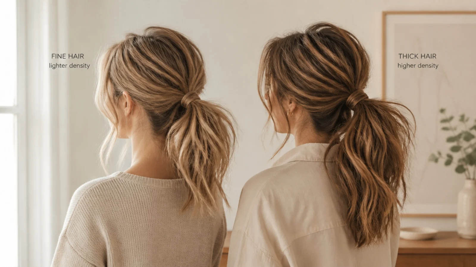 Messy ponytail worn on fine hair beside the same style worn on thick hair for density comparison