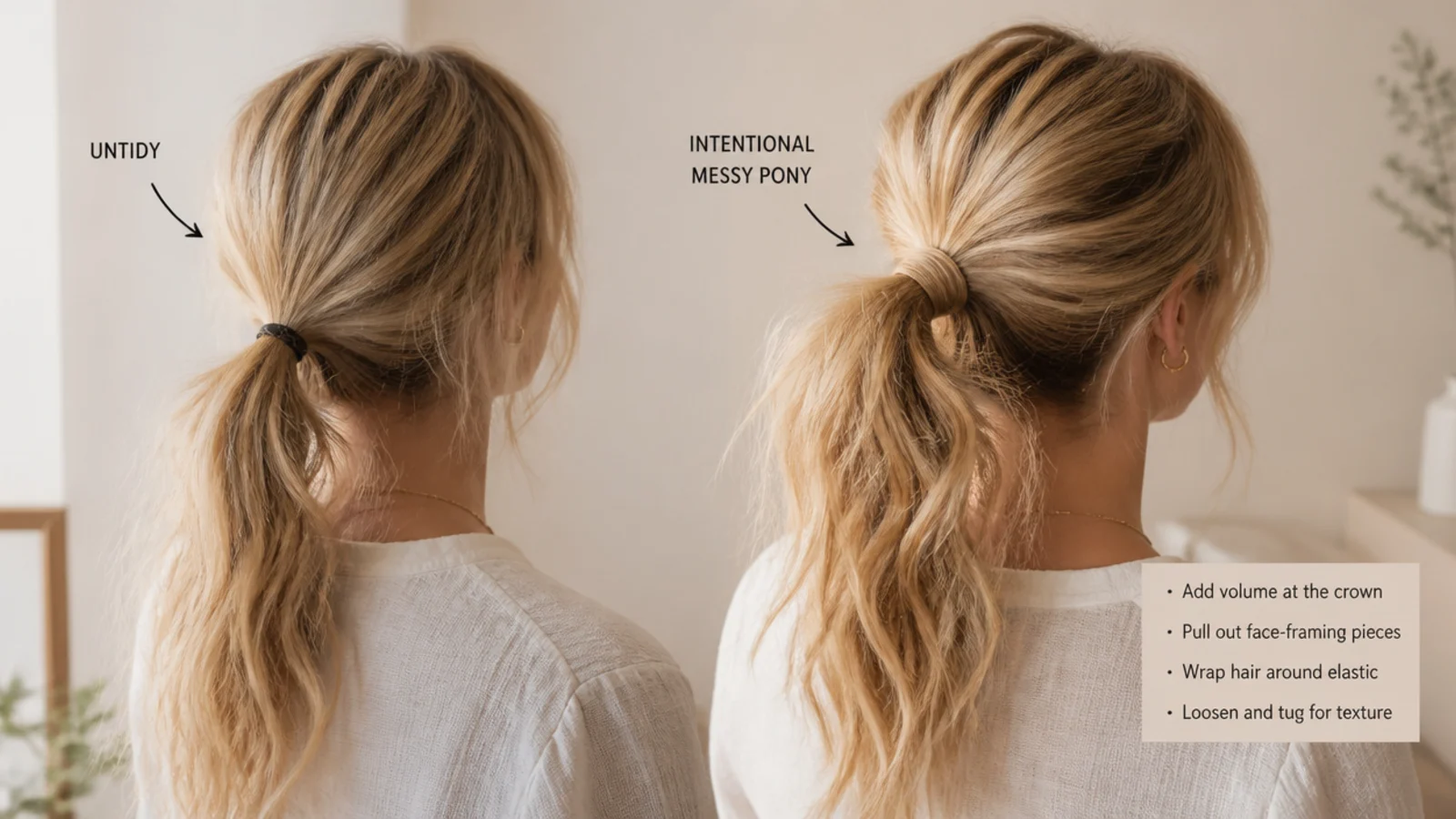 Messy ponytail that reads intentional compared with an untidy one on the same fine hair