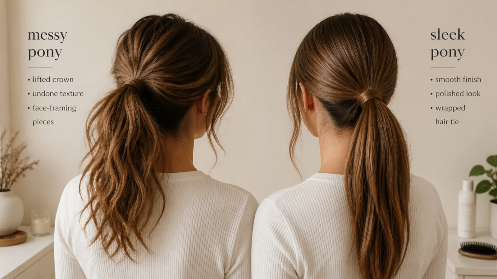 Messy ponytail worn on the left compared with a sleek polished ponytail worn on the right
