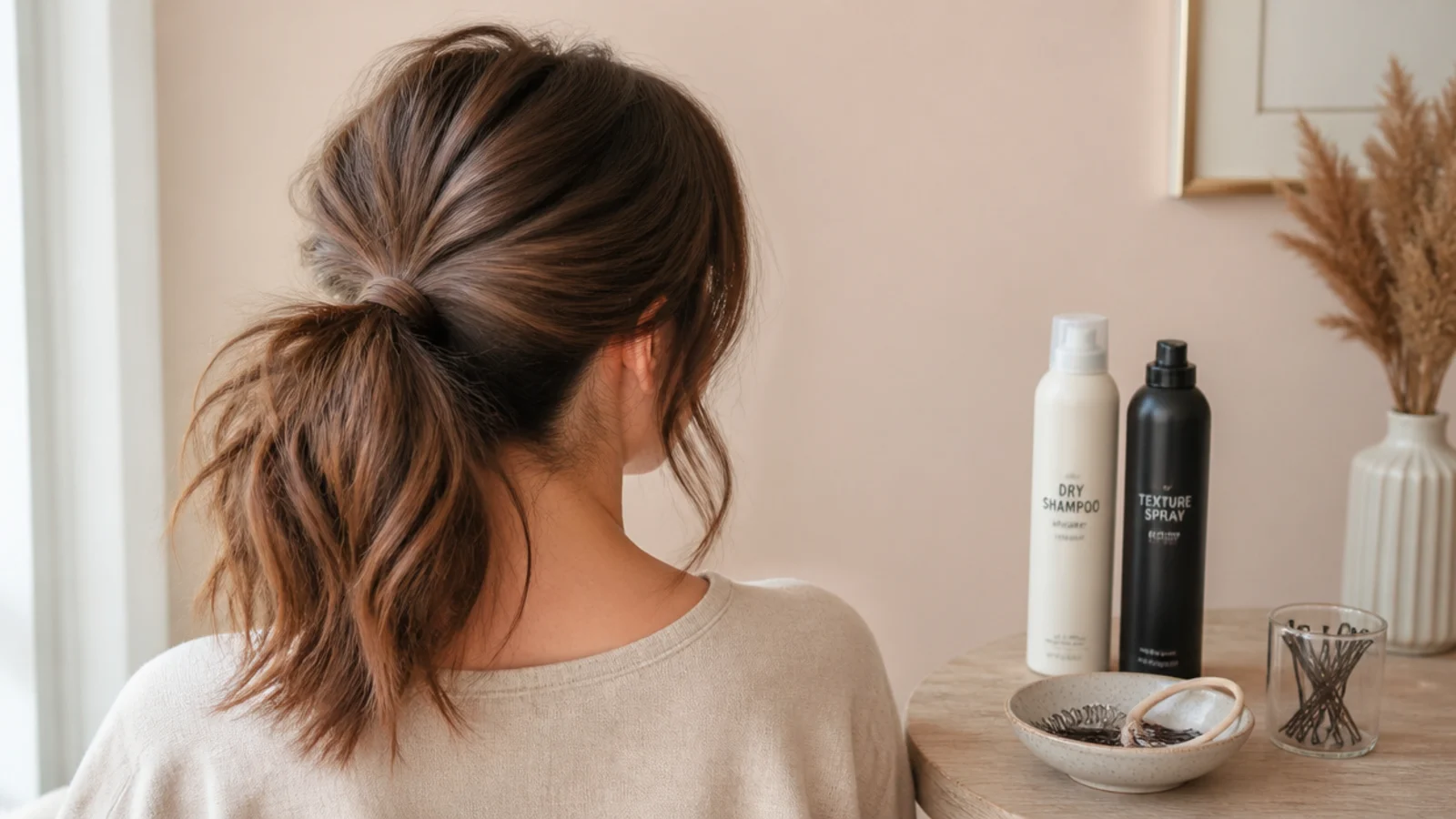 Dry shampoo, texture spray, spiral coil ties, bungee band and bobby pins used for messy ponytails