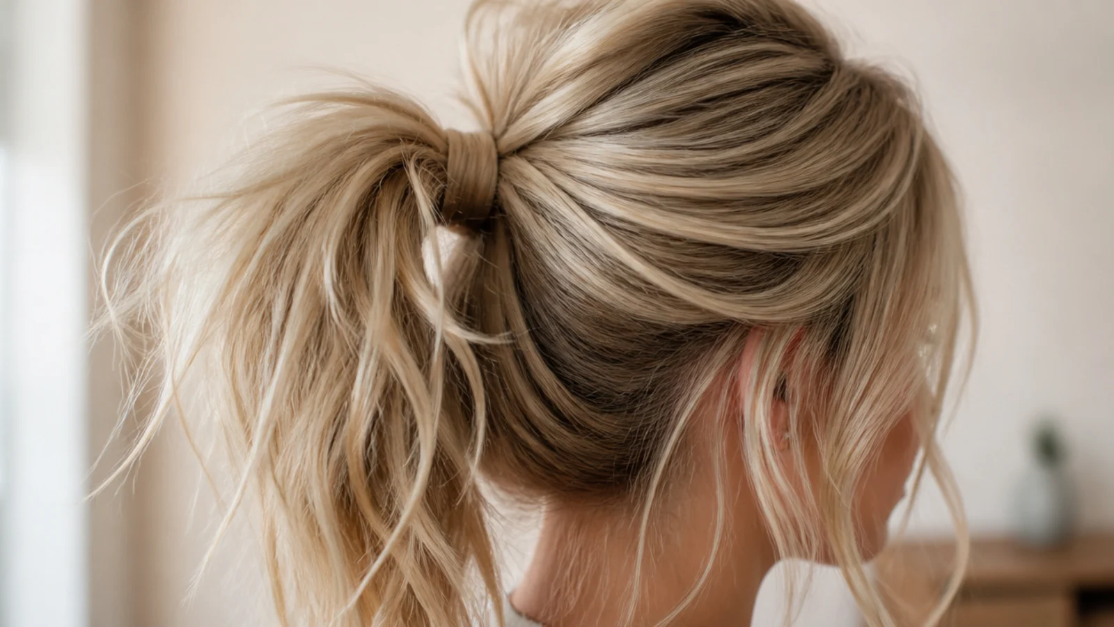 Classic tousled high messy ponytail tied at the crown with a lifted, tugged crown section