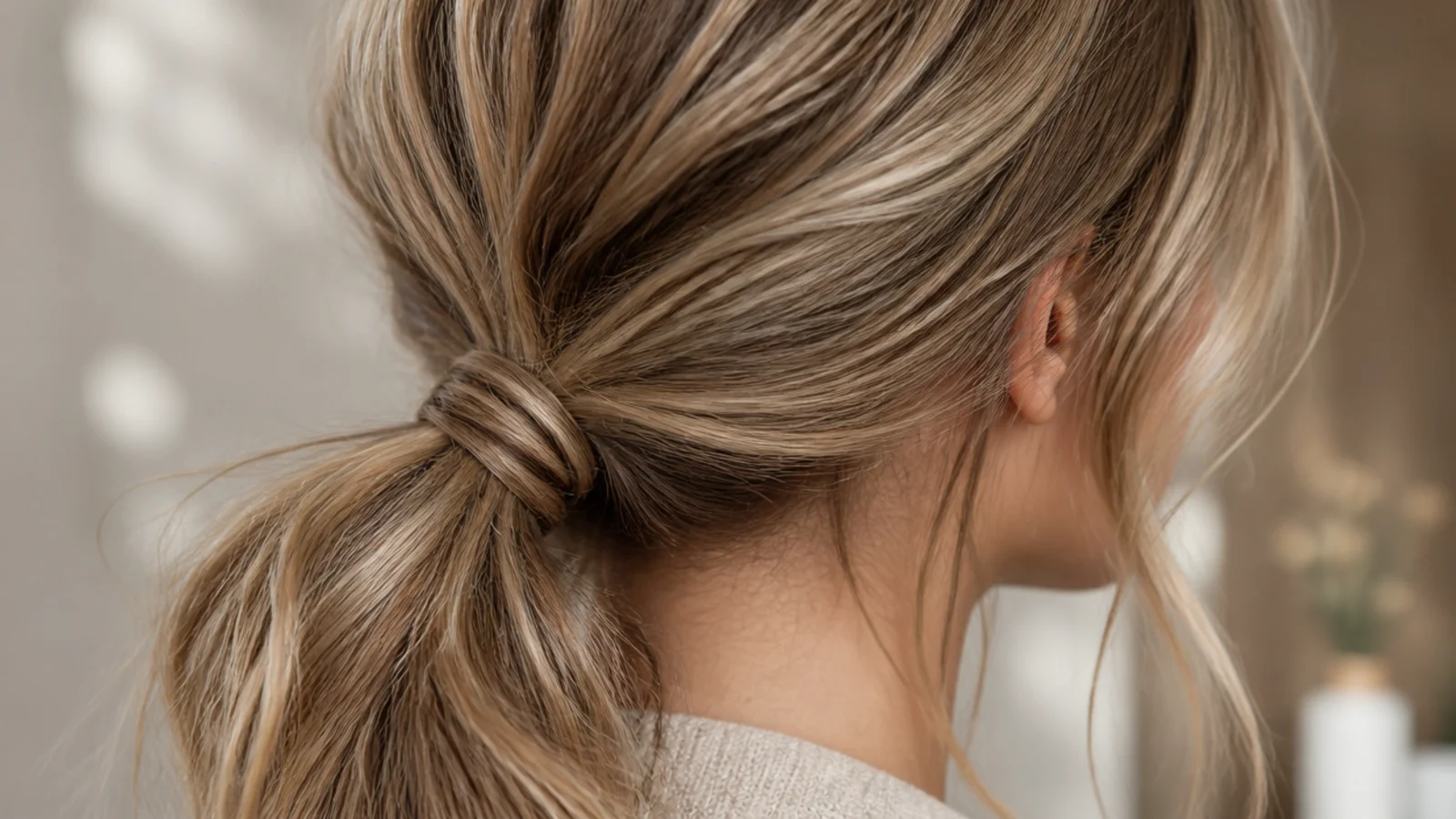 Low messy ponytail tied at the nape with soft loose pieces around the jawline
