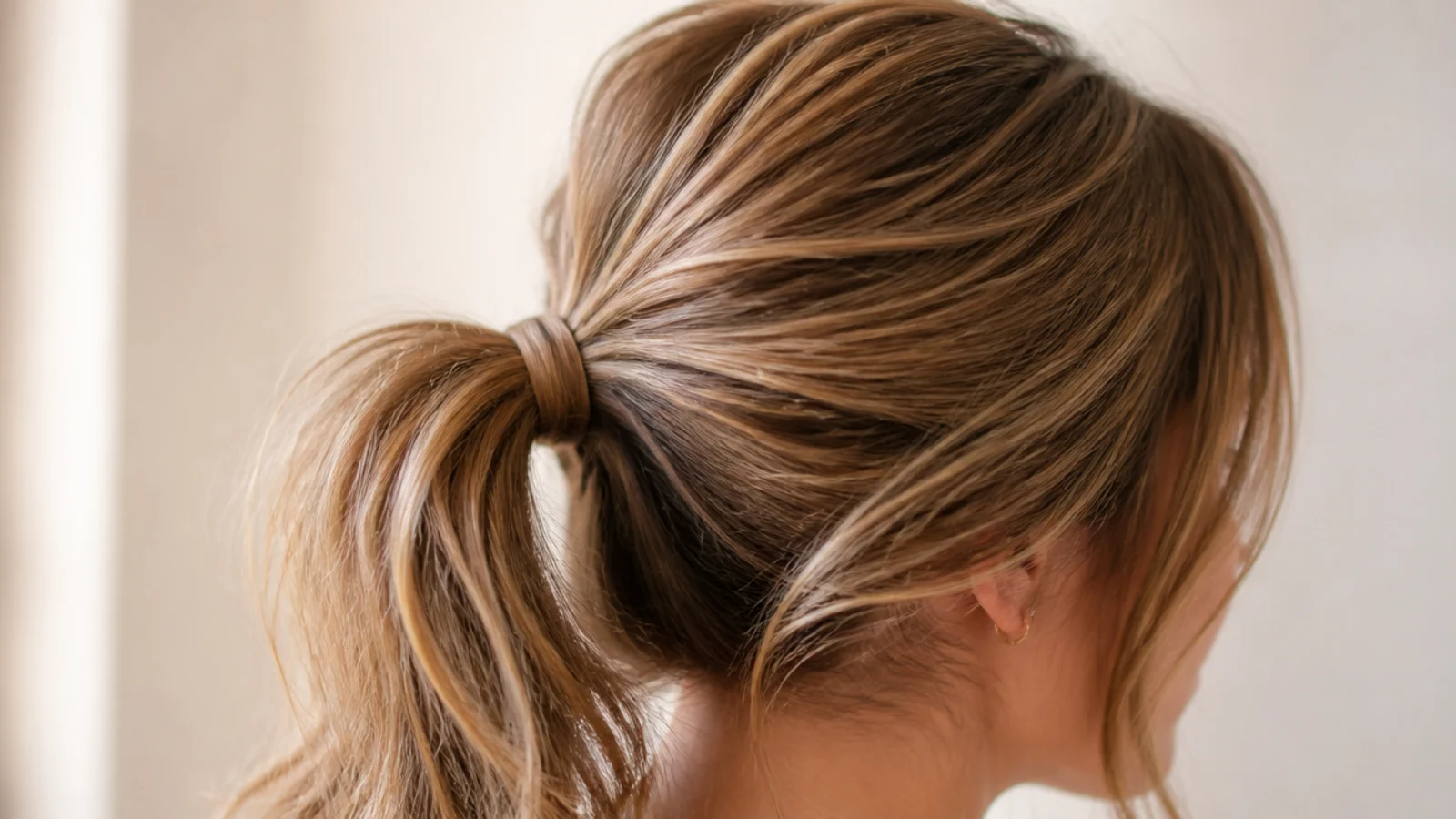 Messy ponytail with a hair strand wrapped around the elastic and pinned underneath