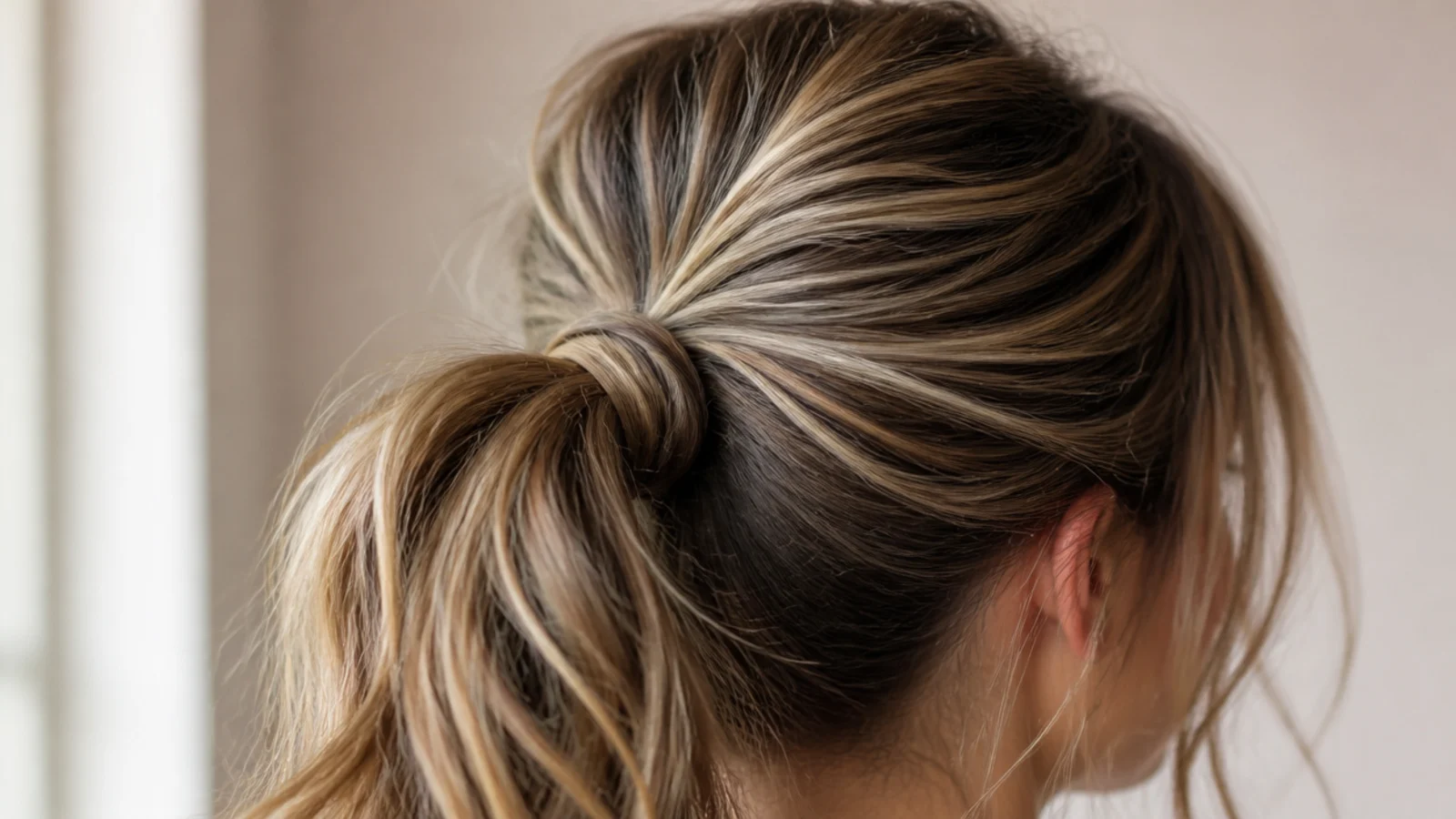 Messy ponytail with a backcombed teased crown creating height above the forehead
