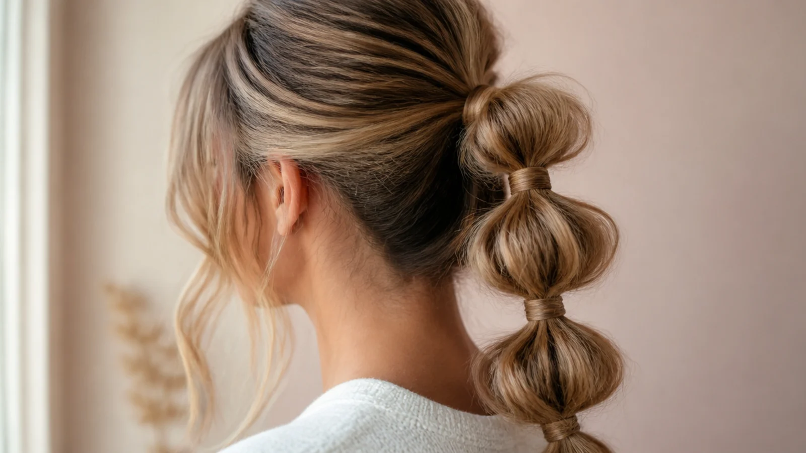 Bubble messy ponytail with four puffed segments separated by clear elastics