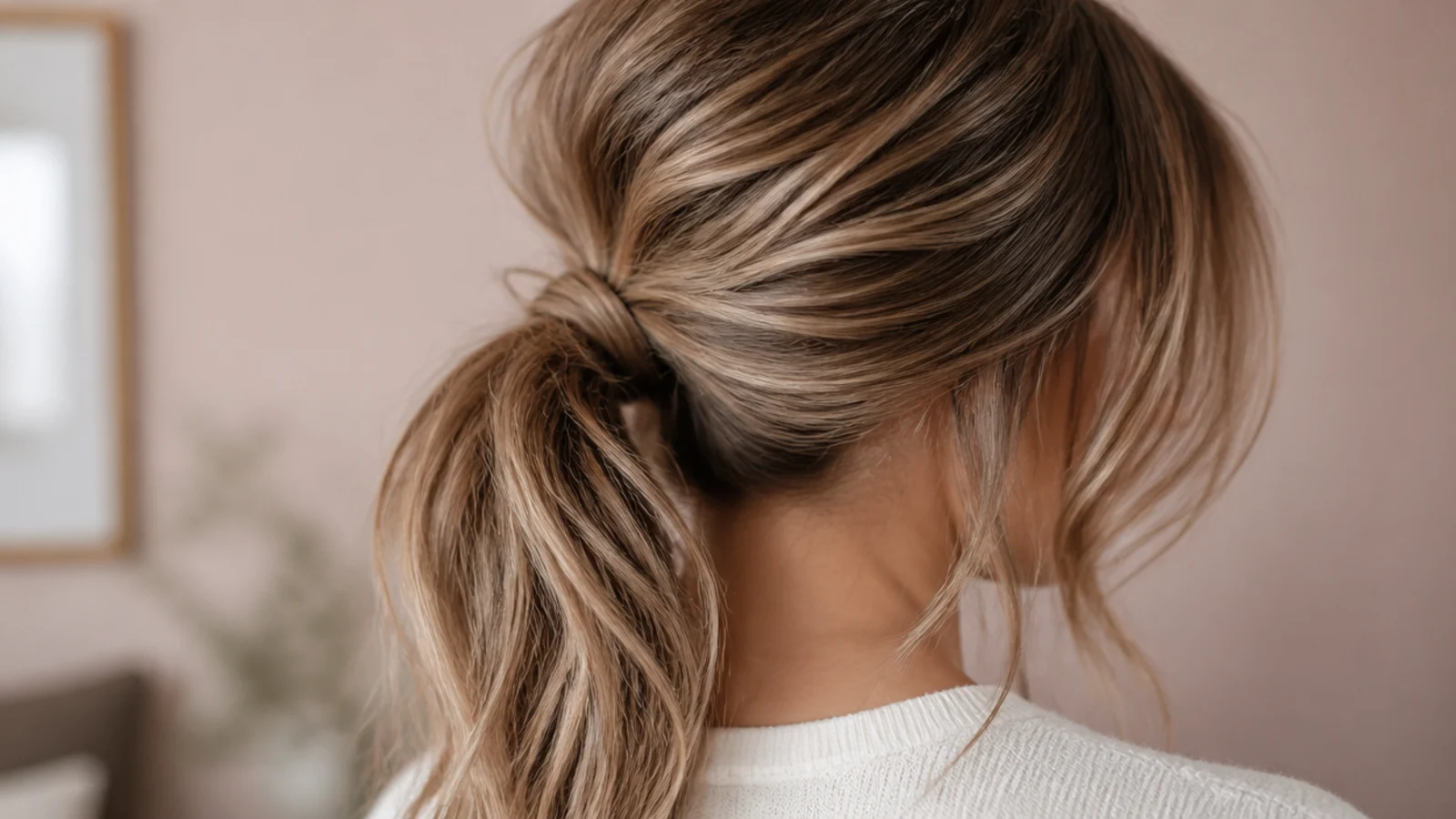 Side-swept messy ponytail resting over one shoulder with a deep side part