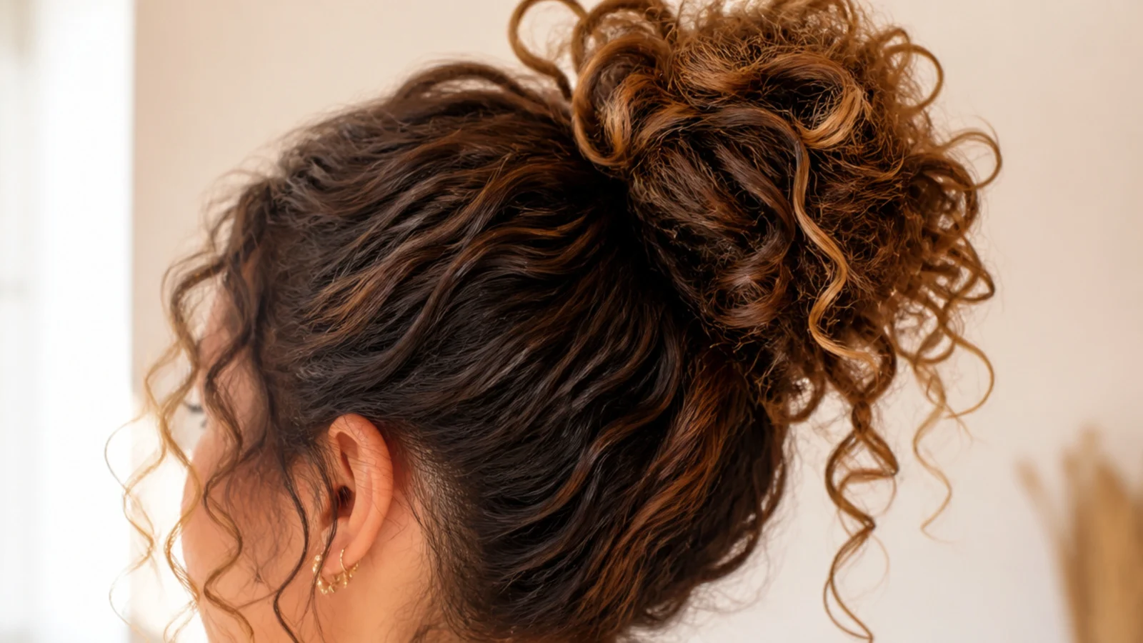 Curly pineapple messy ponytail with 3b curls gathered loosely at the top of the head