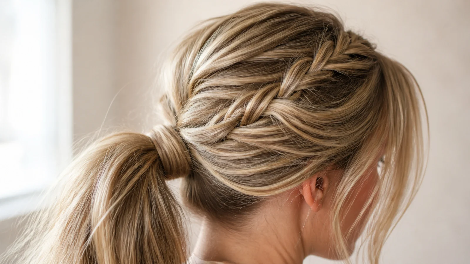Messy ponytail with a loose three-strand braid running from the crown into the tie