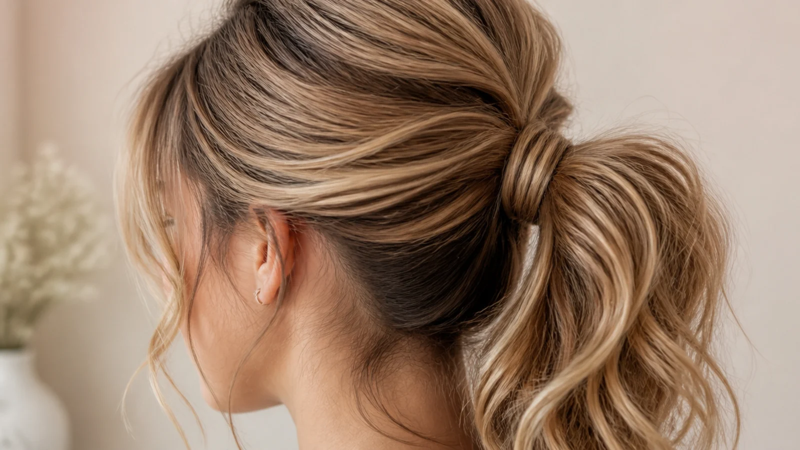 Messy ponytail with two soft curled tendrils falling in front of the ears