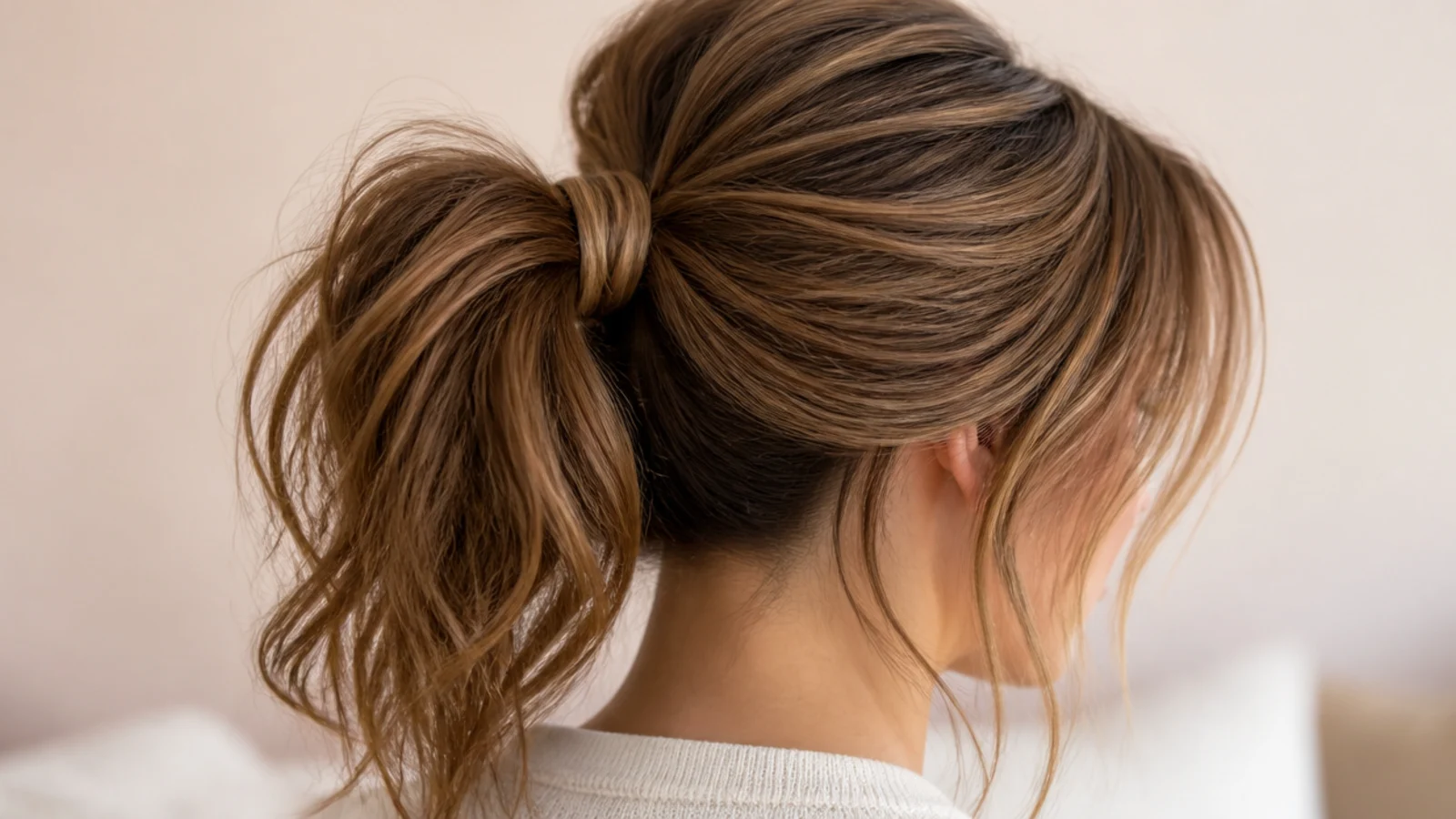 Messy ponytail with curtain bangs parted in the middle and swept away from the face