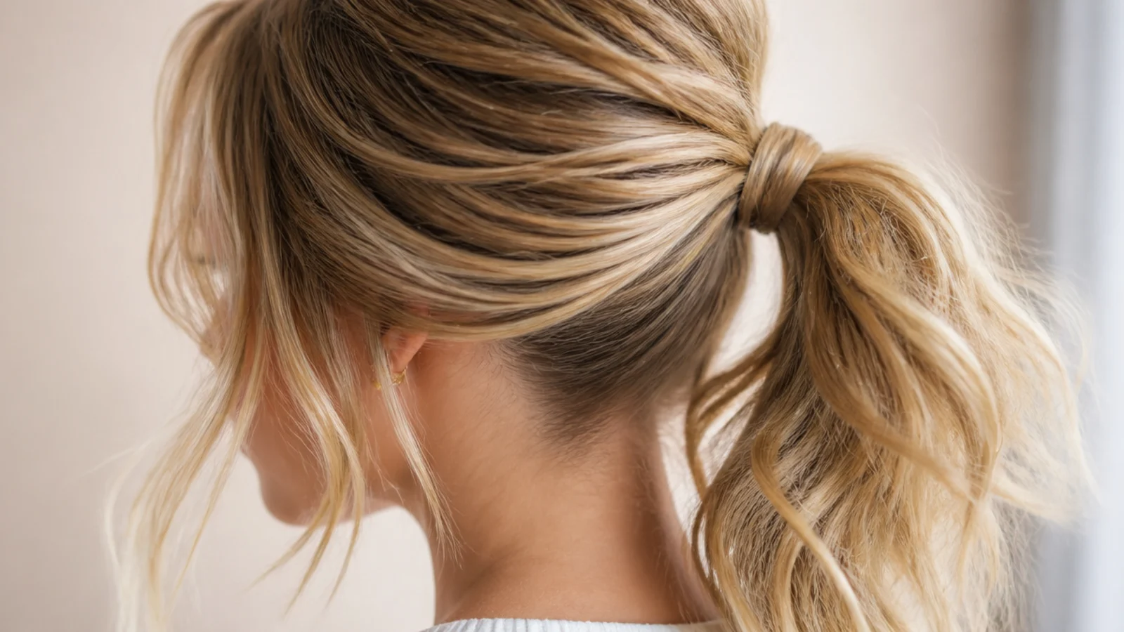 Messy ponytail with smooth polished roots and heavily textured piecey ends