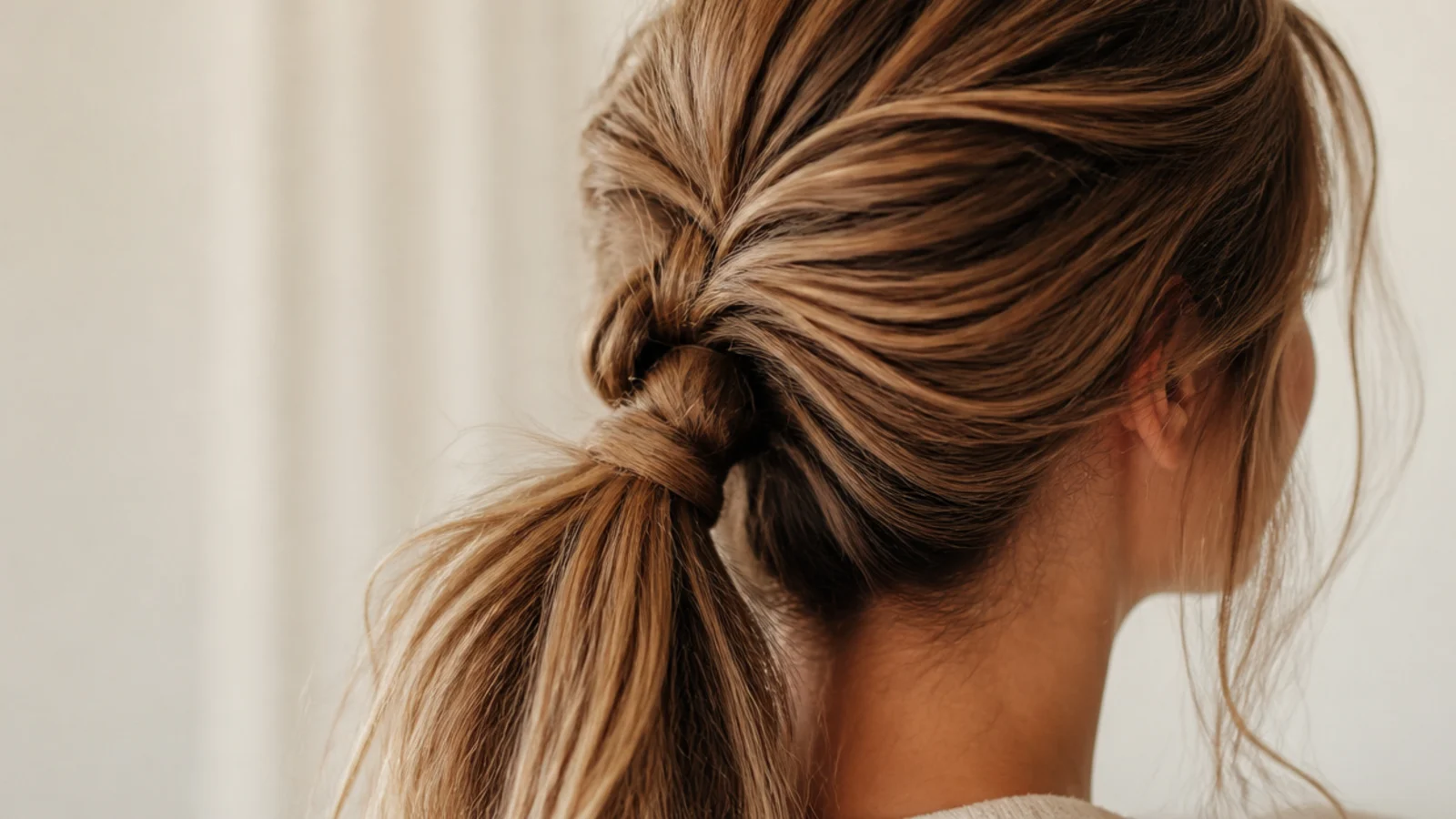 Knotted messy ponytail where two sections are tied in a knot before the elastic goes on
