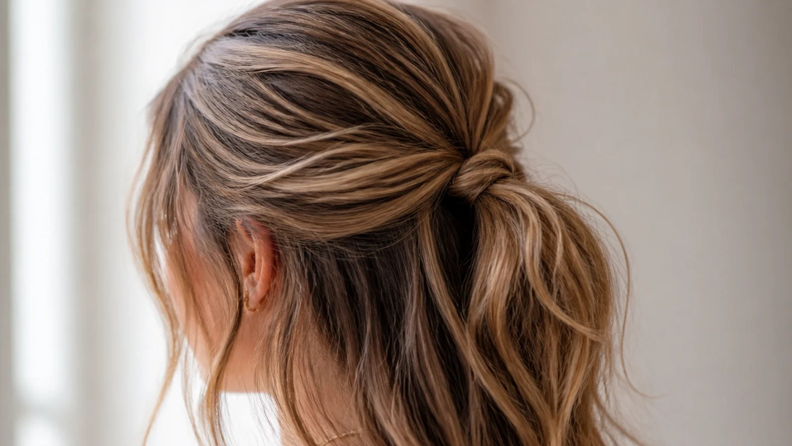 Half-up messy ponytail with the top section tied and the rest of the hair left down