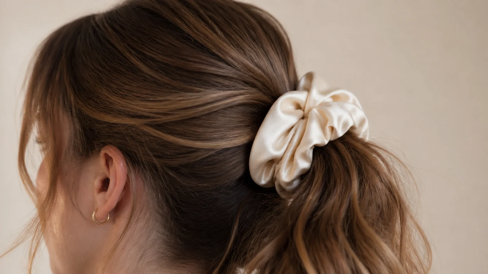 Messy ponytail secured with an oversized satin scrunchie at the mid-back of the head