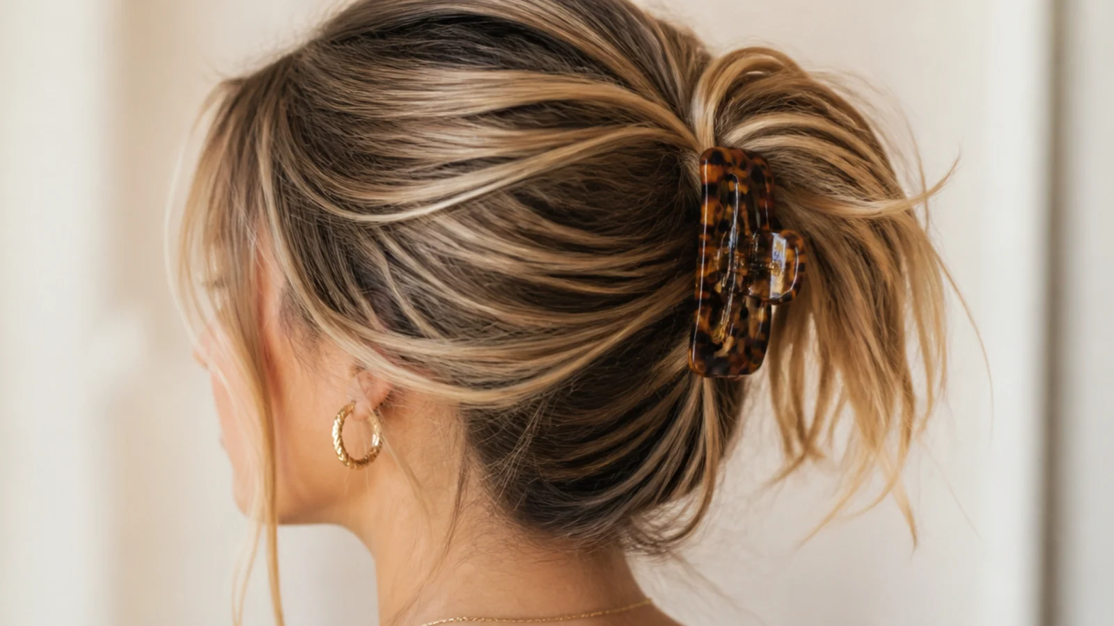 Messy ponytail held with a large tortoiseshell claw clip instead of an elastic