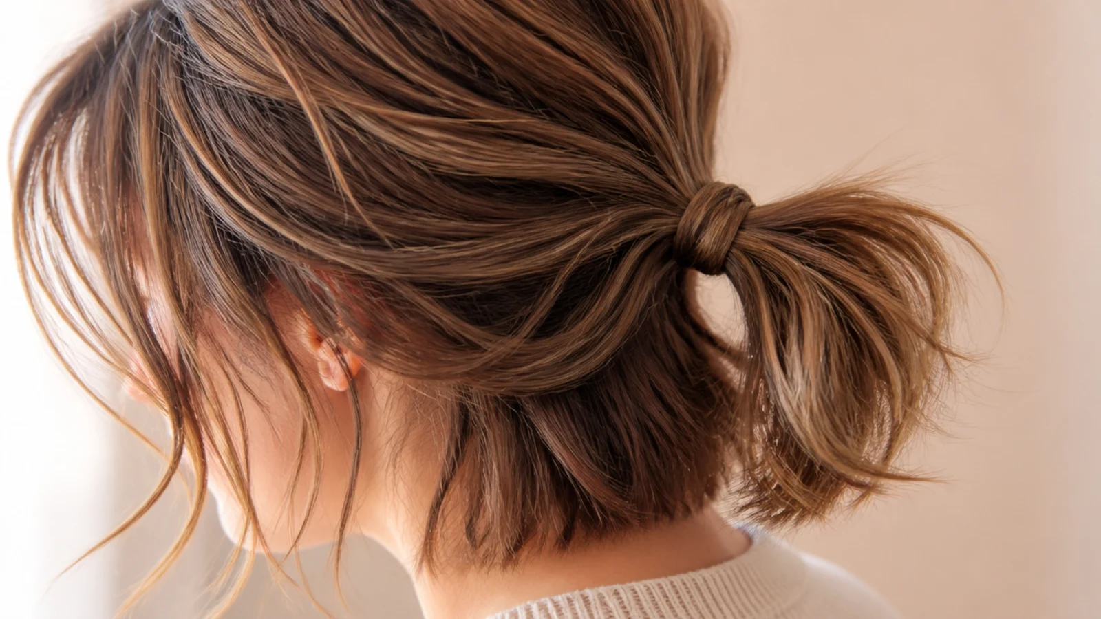 Short hair messy ponytail on a chin length bob secured with a bungee band