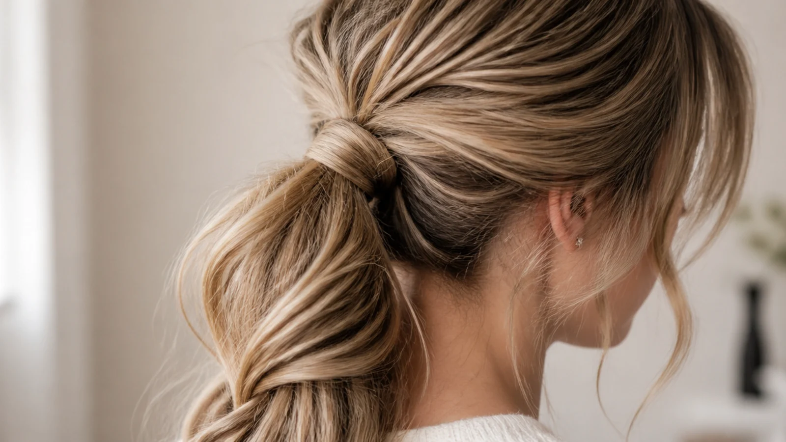 Long hair messy ponytail with a loose twist added halfway down the tail to remove weight