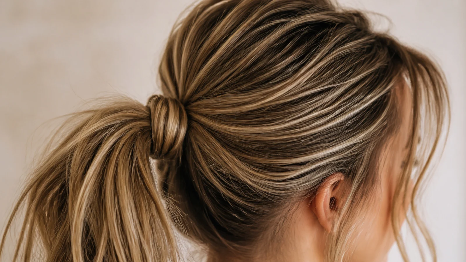Messy ponytail with slightly damp defined roots and dry textured lengths