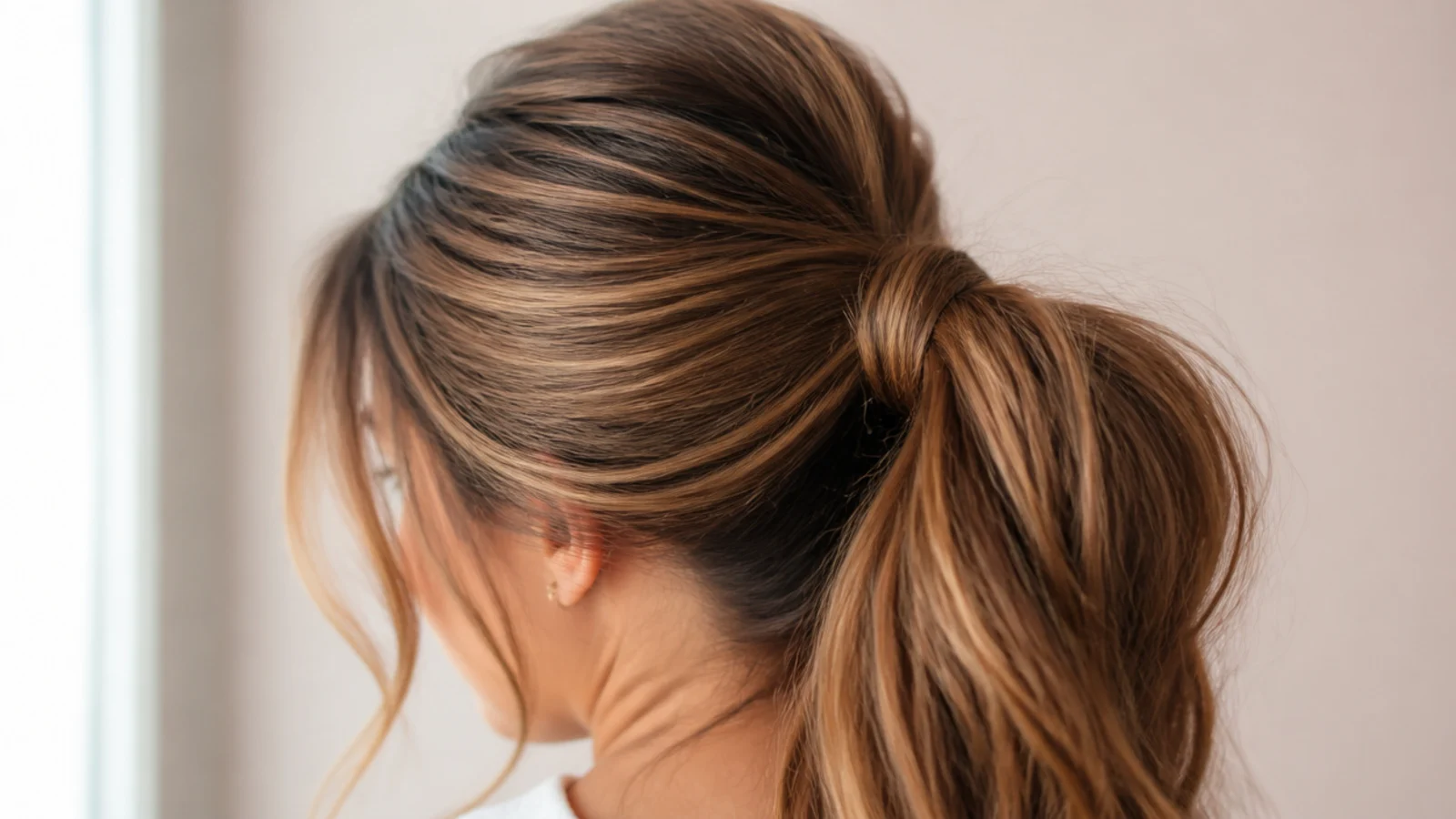 Stacked messy ponytail made from two ponytails hidden on top of each other for fullness