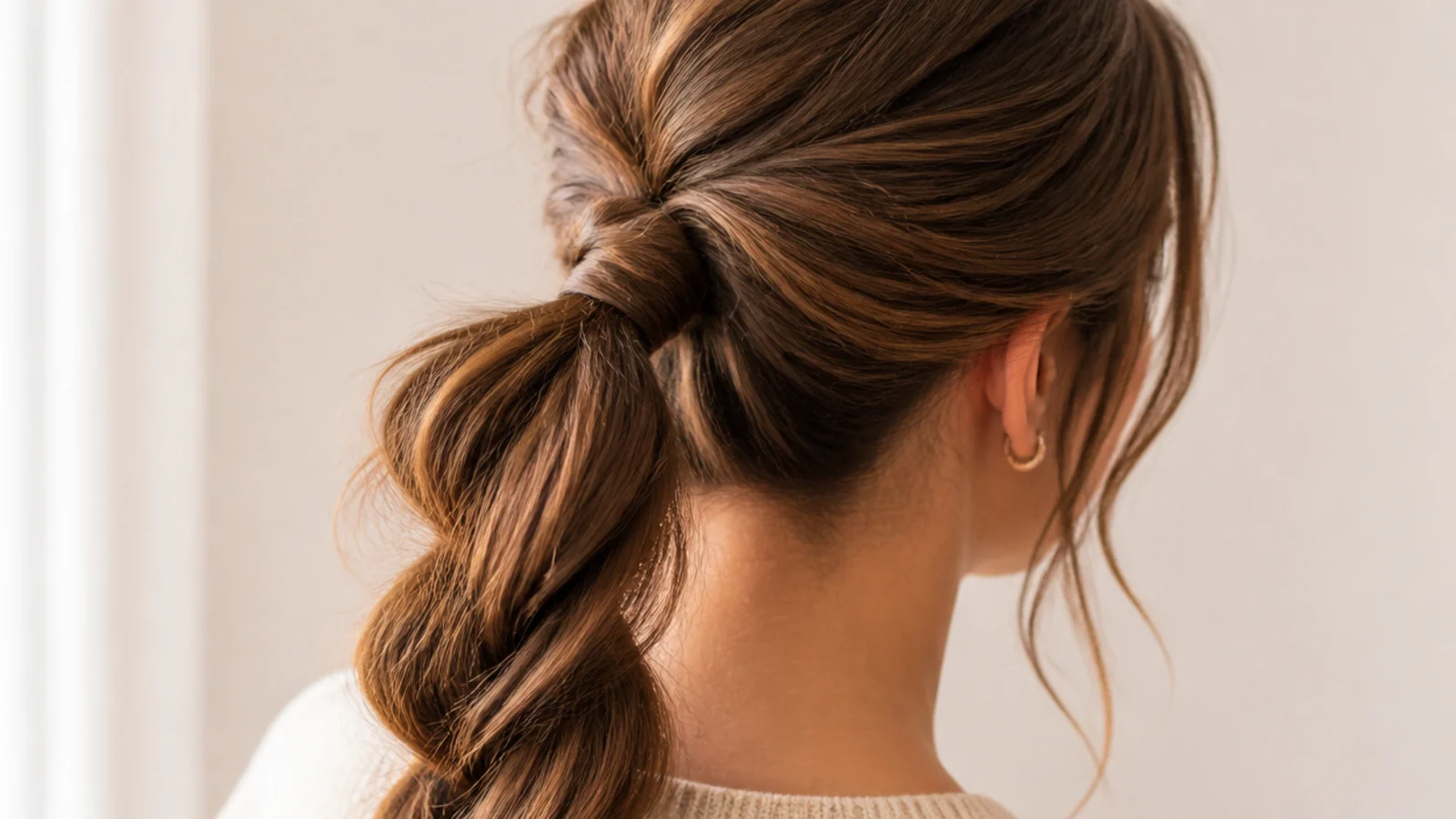 Rope twist messy ponytail with two sections twisted around each other down the tail