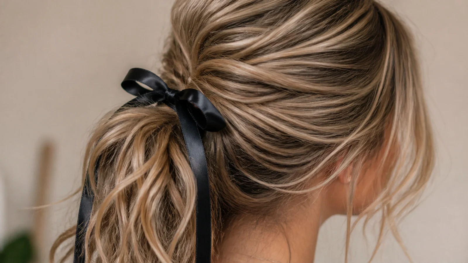 Messy ponytail finished with a black satin ribbon tied in a soft bow over the elastic