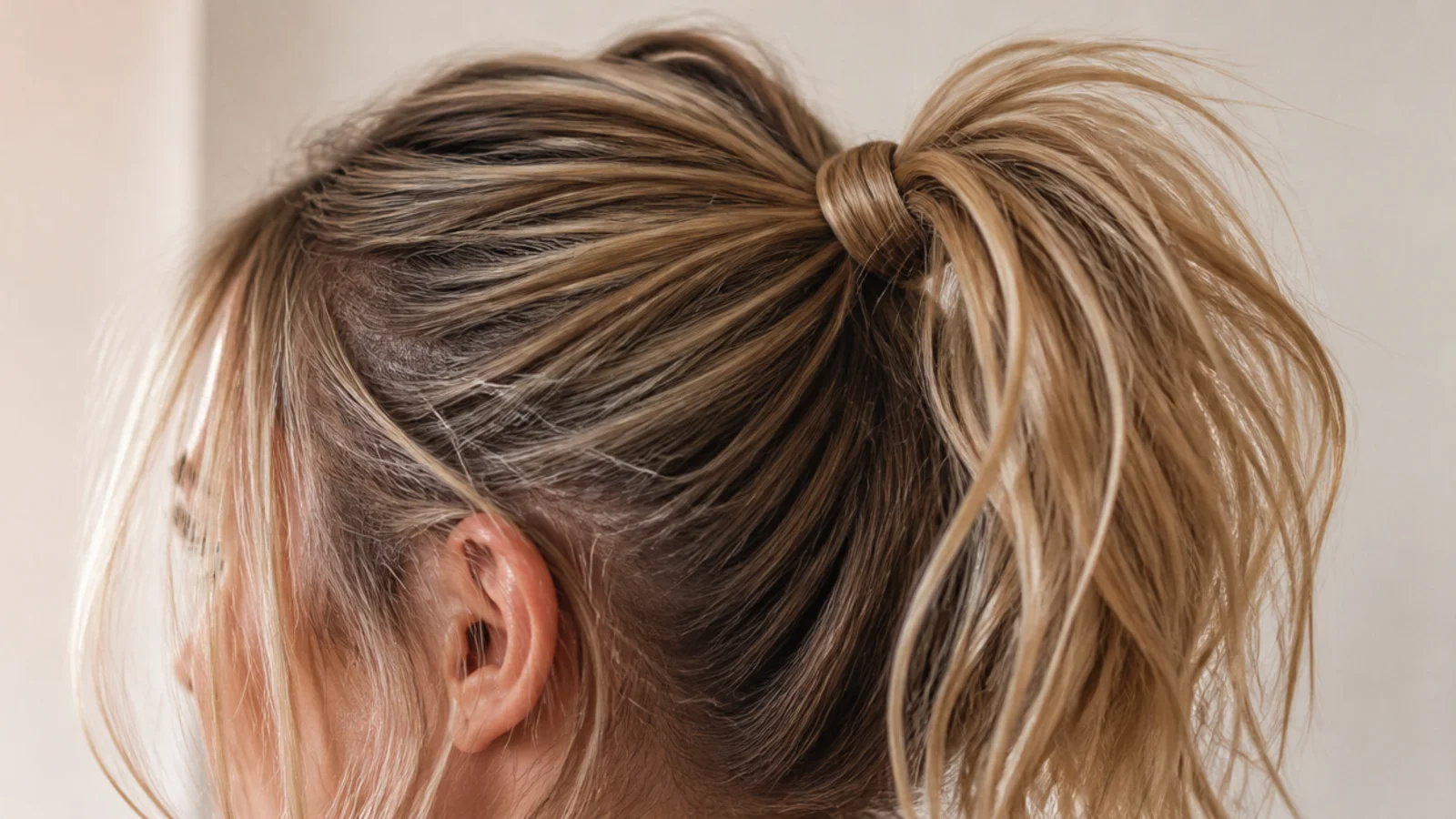 High and tight gym messy ponytail with sweat-damp roots and a secured double elastic base