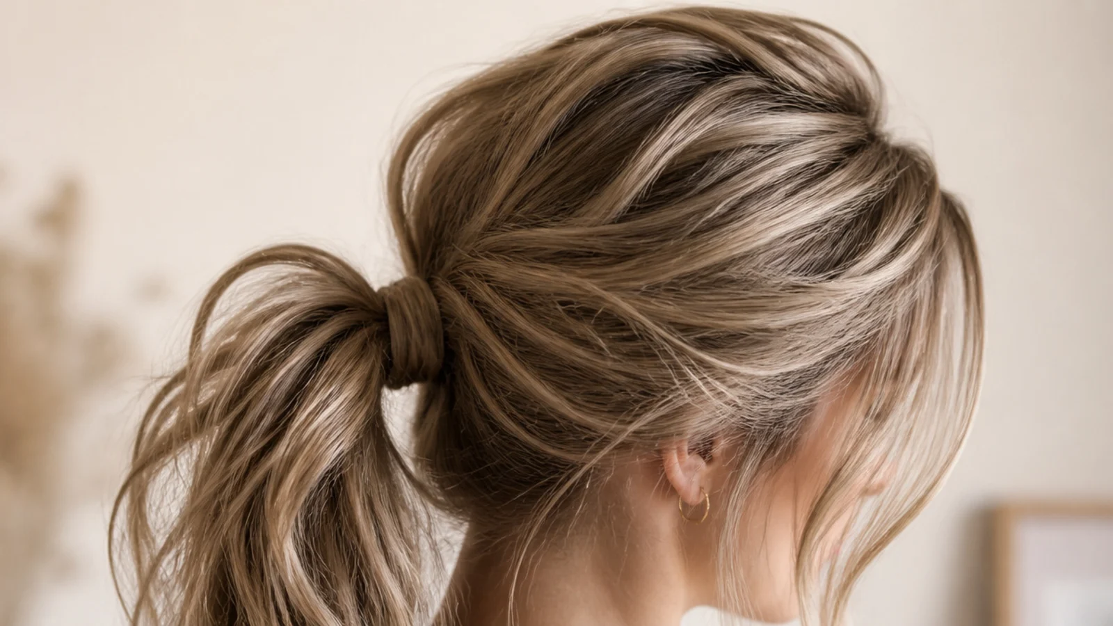 Messy ponytail with a deep side part creating a swept wave of volume over one eyebrow